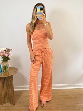 Strapless Orange Striped Wide-Leg Jumpsuit